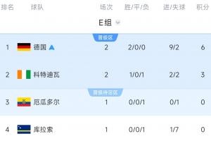 E组积分榜:德国提前出线,厄瓜多尔不胜将送德国第一&输球被淘汰